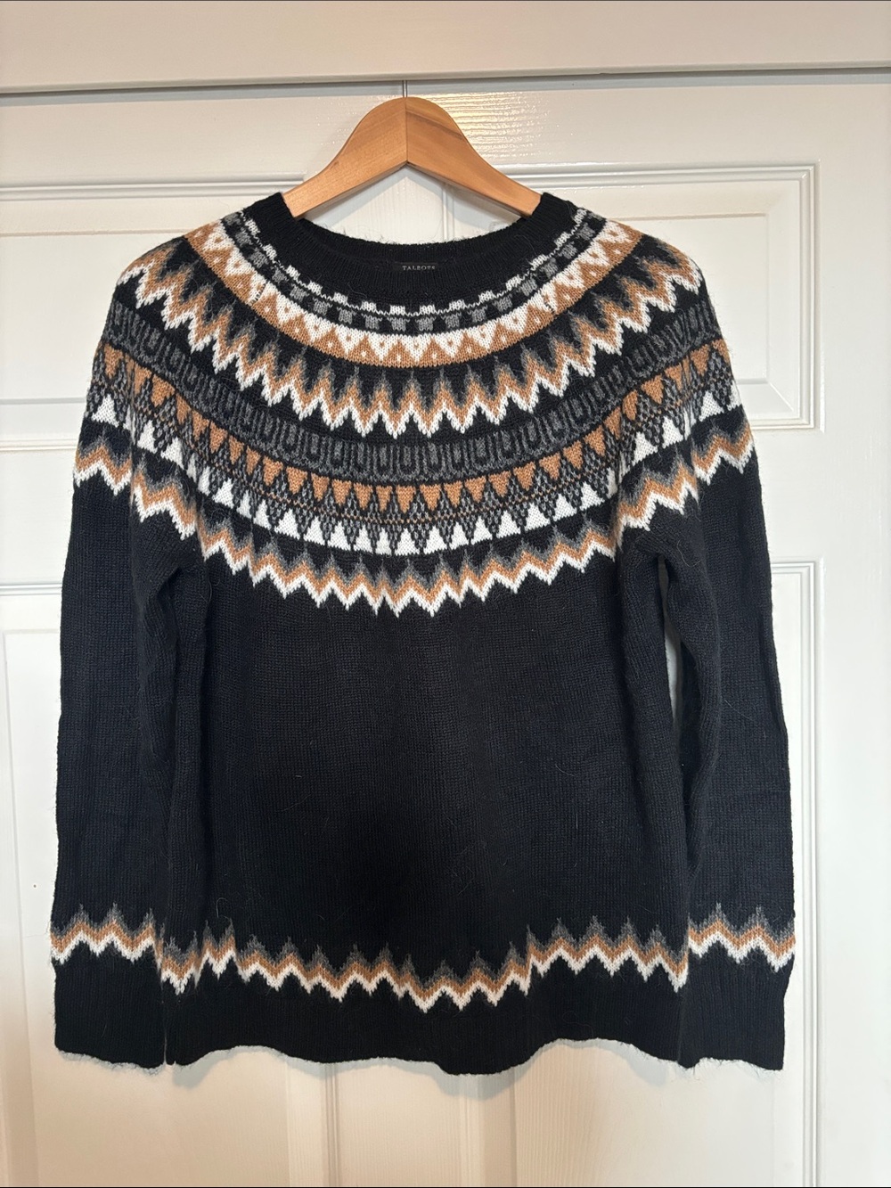 Talbots Black Crewneck Sweater with Tan & White Fair Isle Yoke